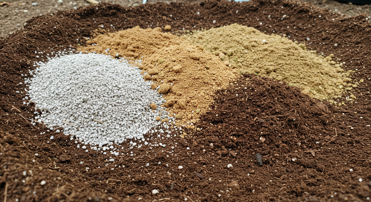 Closeup heaps of soil amendments used to change aeration, drainage, and structure.