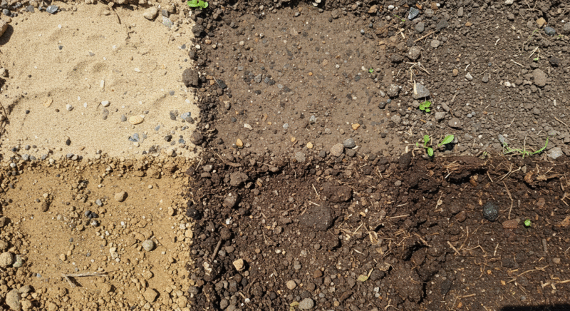 Grid of different soil textures and compositions, including sandy, loamy, and clay-rich patches, with some sprouting vegetation