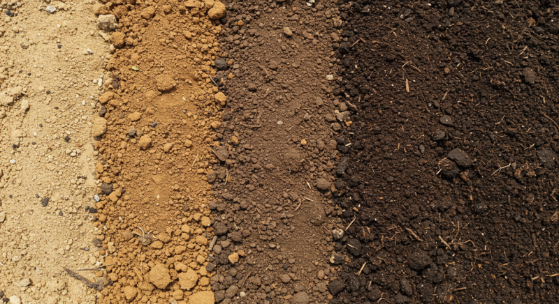 Top-down view of four distinct soil types arranged in vertical stripes from sandy to dark loam