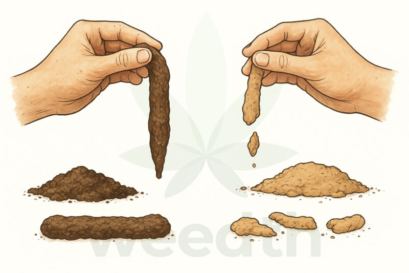 Comparison of two hands demonstrating the ribbon test, highlighting the difference between high-clay and sandy soils with visual soil breakdown