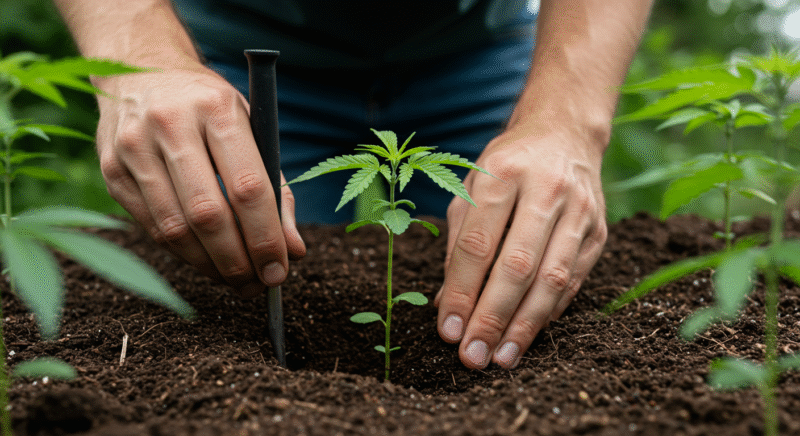 Hands carefully planting a cannabis seedling into soft soil in an outdoor garden at sunset.