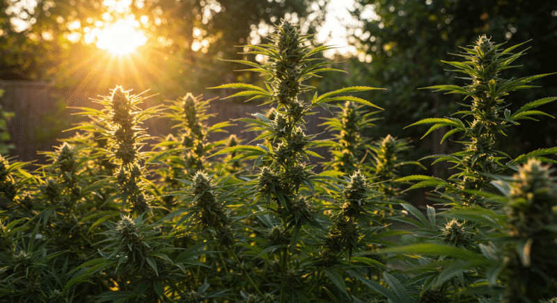 Cannabis plants in mid-flowering stage basking in the golden hour sunlight, with dense buds and prominent trichomes.