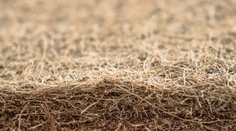 Coconut coir. Grated coconut shell for the production of mattresses. texture, natural background. Coconut coir pressed at the factory. Background of coconut fiber.