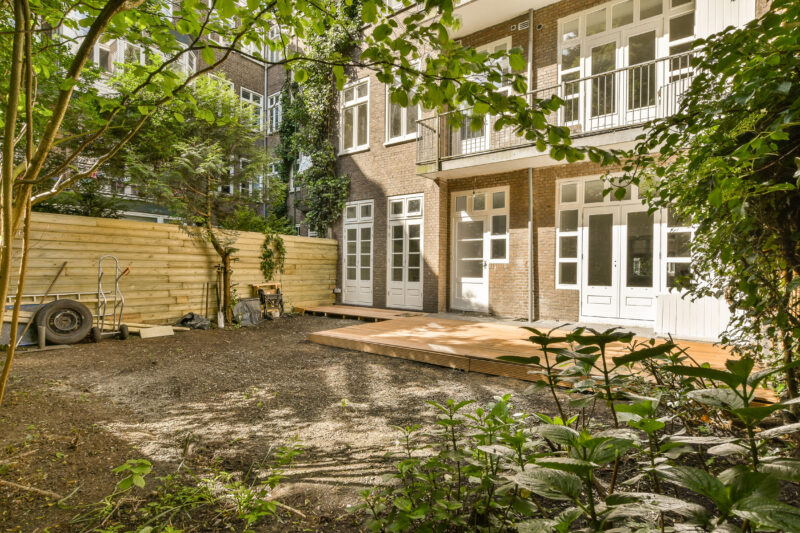 a backyard area with some trees in the background and a wooden deck on the ground, surrounded by bushes and plants