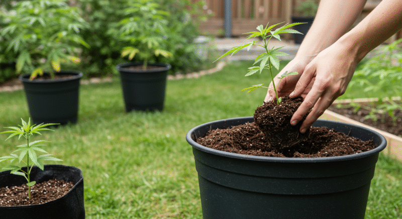 Hands carefully transplanting a young cannabis seedling into a large black plastic pot in a backyard garden setting