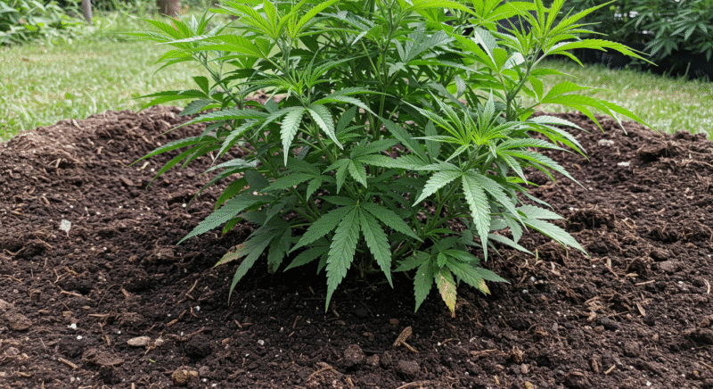 Healthy young cannabis plant growing in a raised mound of rich, dark soil outdoors