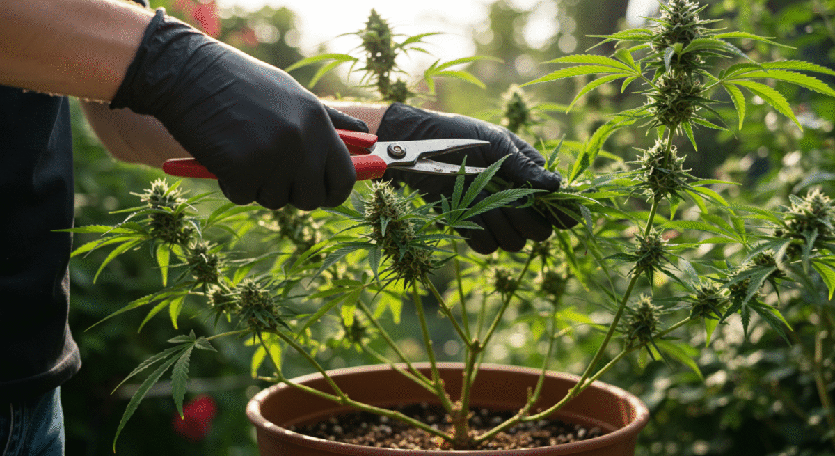 Person wearing black gloves using pruning shears to trim mature cannabis buds on a potted plant outdoors.