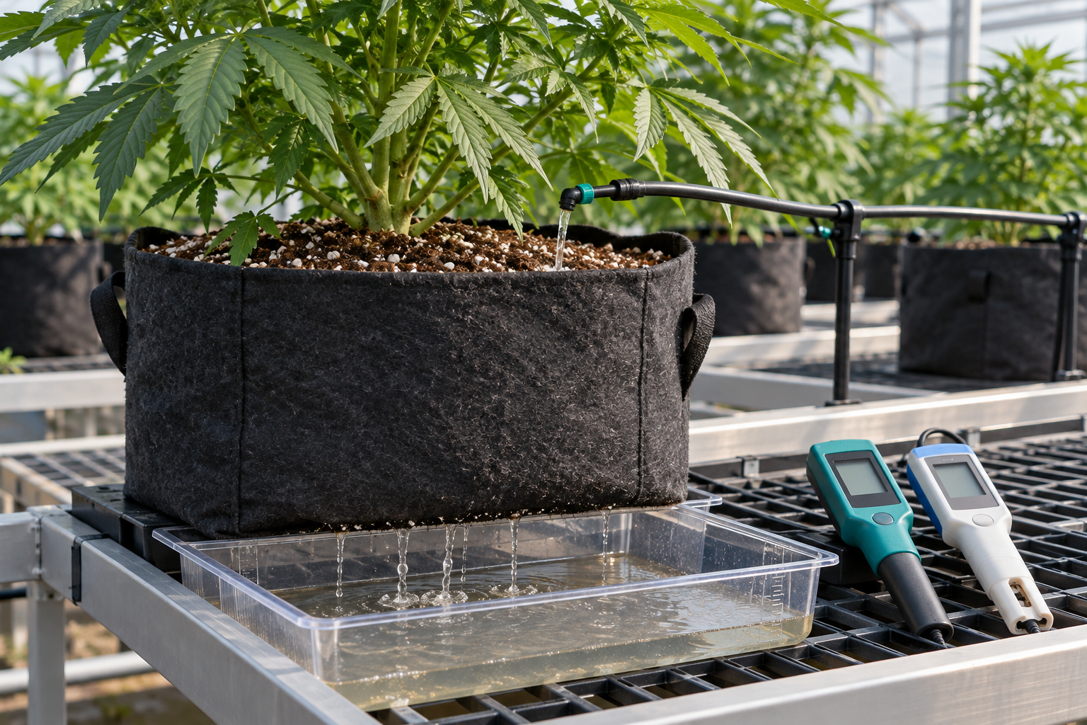 Cannabis root-zone corrective leaching with measured runoff and EC testing