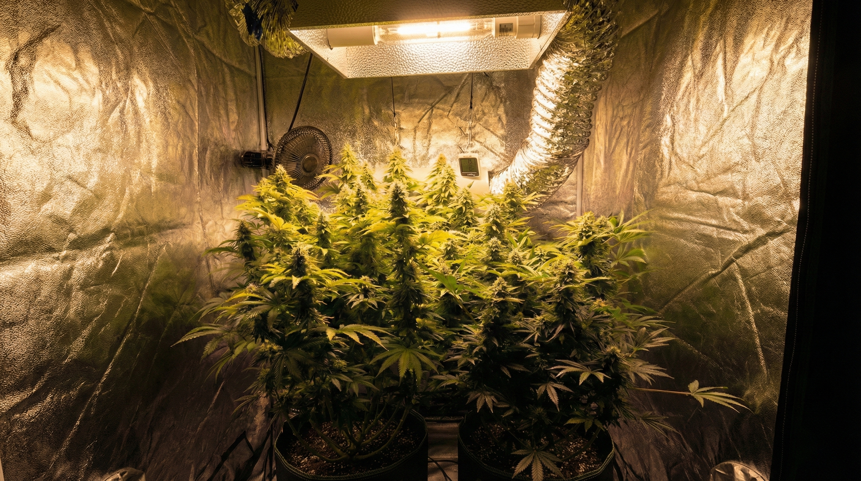 Flowering cannabis plants growing under lights inside a reflective grow tent