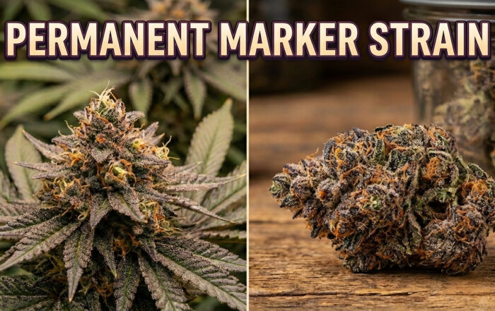 showing a frosty purple-green cannabis cola on the plant (left) and a dense dried bud on a wooden surface with a jar in the background (right)