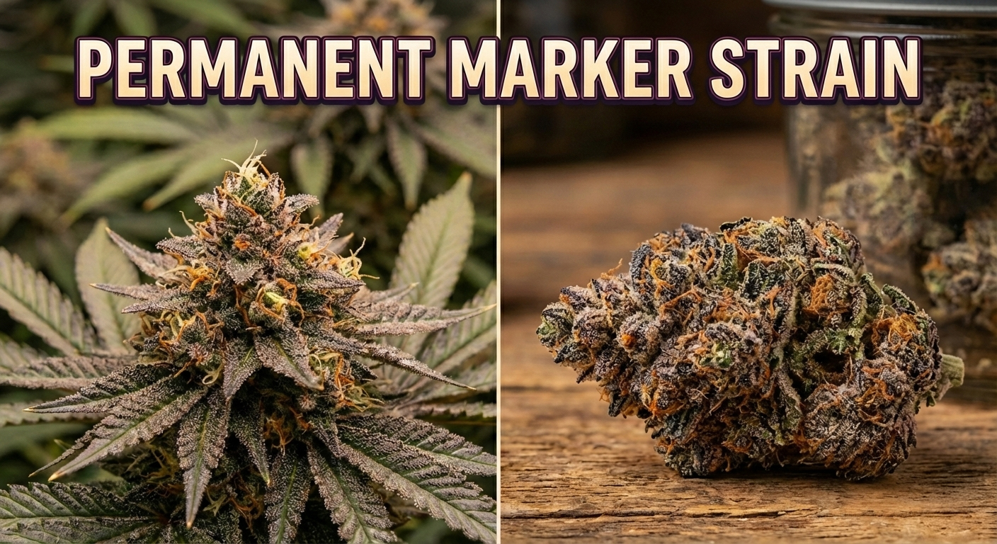 permanent_marker_strain showing a frosty purple-green cannabis cola on the plant (left) and a dense dried bud on a wooden surface with a jar in the background (right)