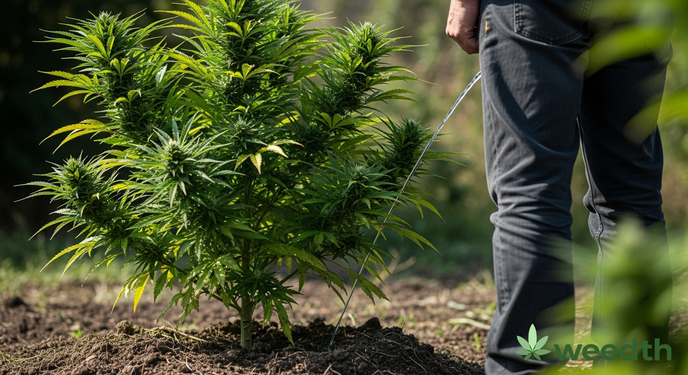 urine_as_fertilizer_for_cannabis Person urinating onto an outdoor cannabis plant in a garden bed, with a blurred natural background and a Weedth logo watermark in the corner