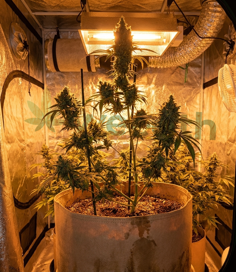 Close view of a flowering Nepal Kush plant in an indoor grow tent with HPS lighting, carbon filter, and ventilation ducting