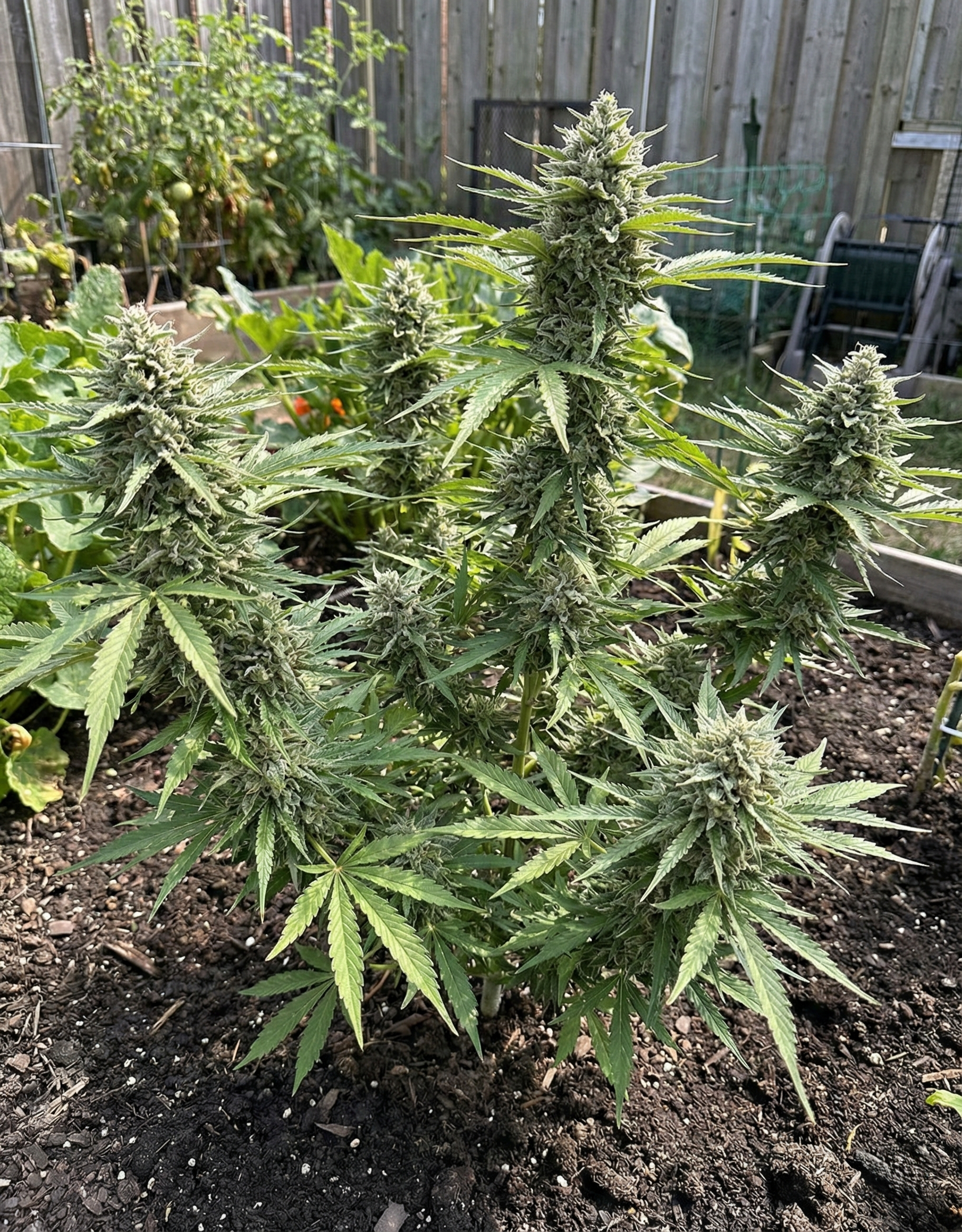 Afghan Kush cannabis plant flowering outdoors in a garden bed with multiple frosty colas