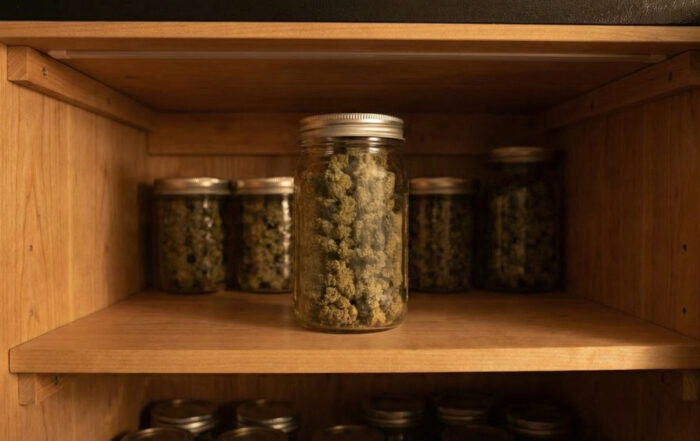 Cannabis curing jar on a wooden shelf, surrounded by other storage jars.