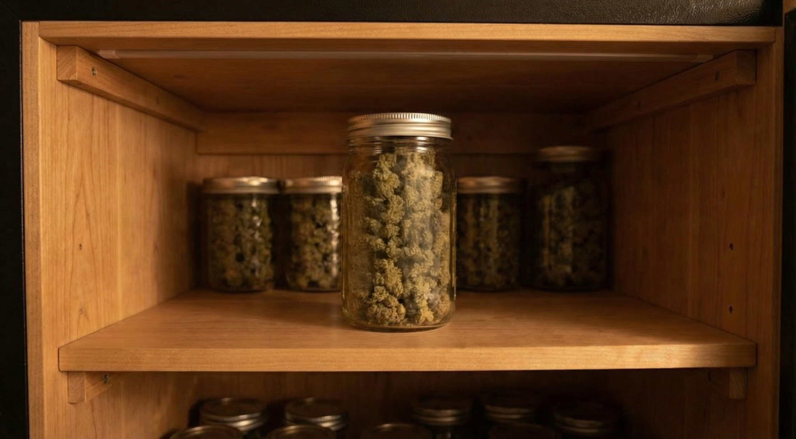 Cannabis curing jar on a wooden shelf, surrounded by other storage jars.