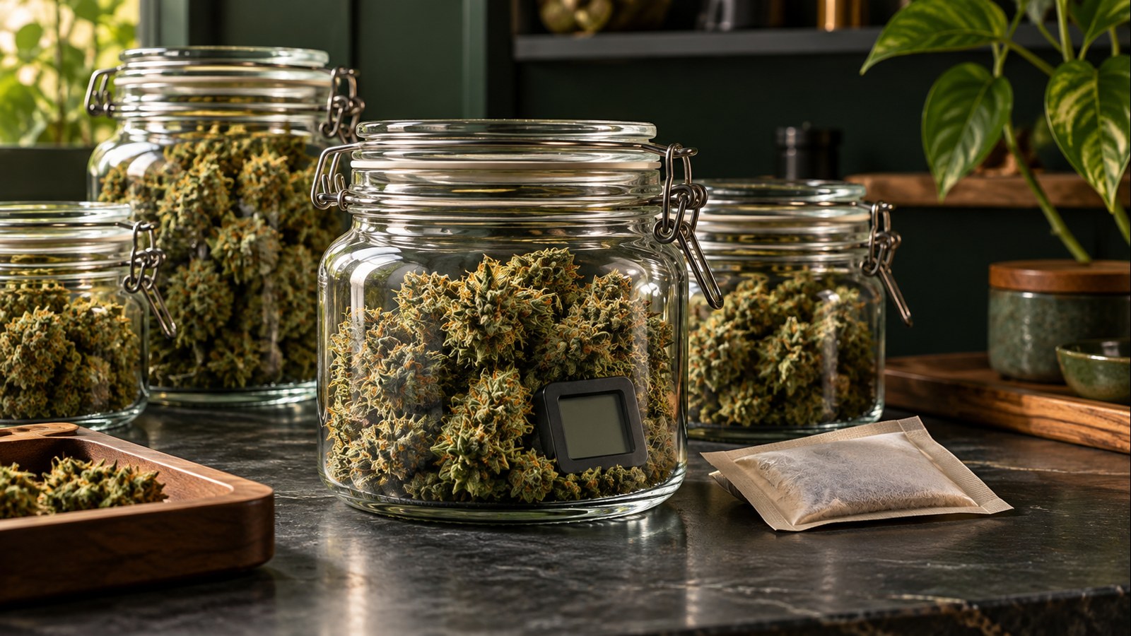 Cannabis curing jars with hygrometer and humidity-control pack