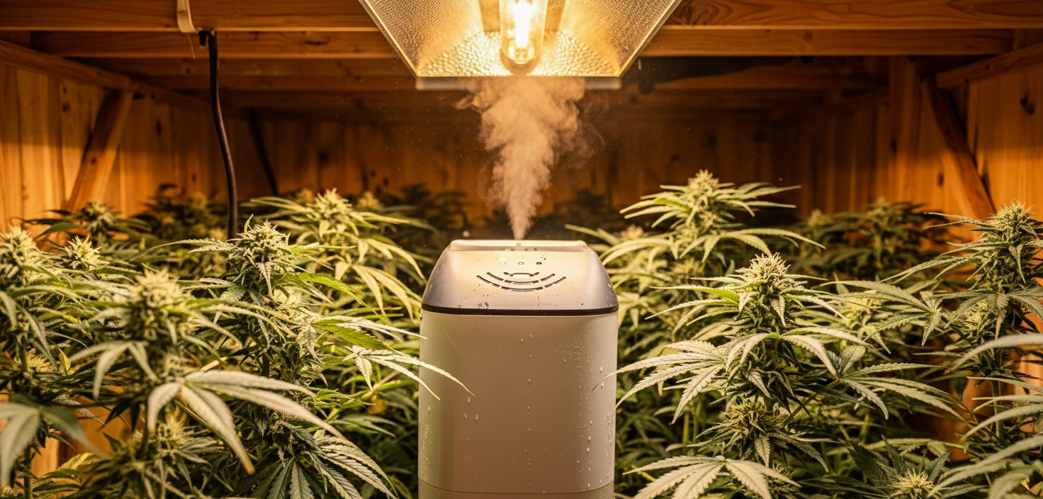 A humidifier releases mist beneath a grow light in an indoor cannabis flowering room.