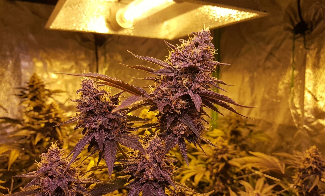 Dense, purple-hued Granddaddy Purple cannabis colas nearing harvest under the warm yellow spectrum of a High Pressure Sodium grow light.