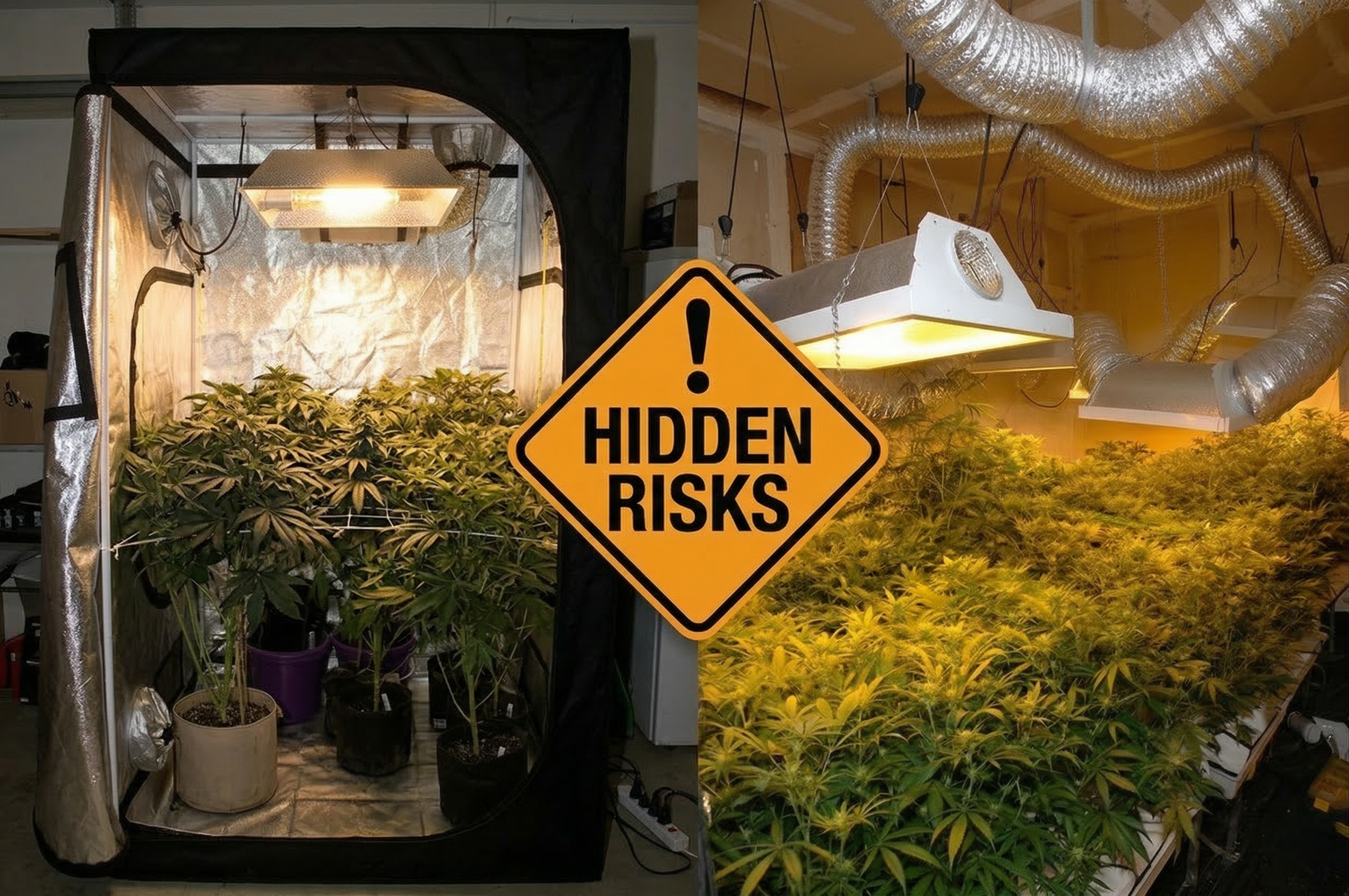 grow-tent-vs-grow-room-hidden-risks-warning A side-by-side image compares a grow tent and a grow room with cannabis plants, with a “Hidden Risks” warning sign in the center.