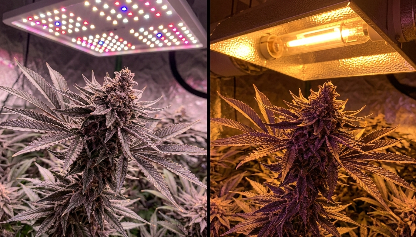 Side-by-side comparison of indoor cannabis plants growing under a full spectrum LED panel versus a traditional HPS grow light during the flowering stage