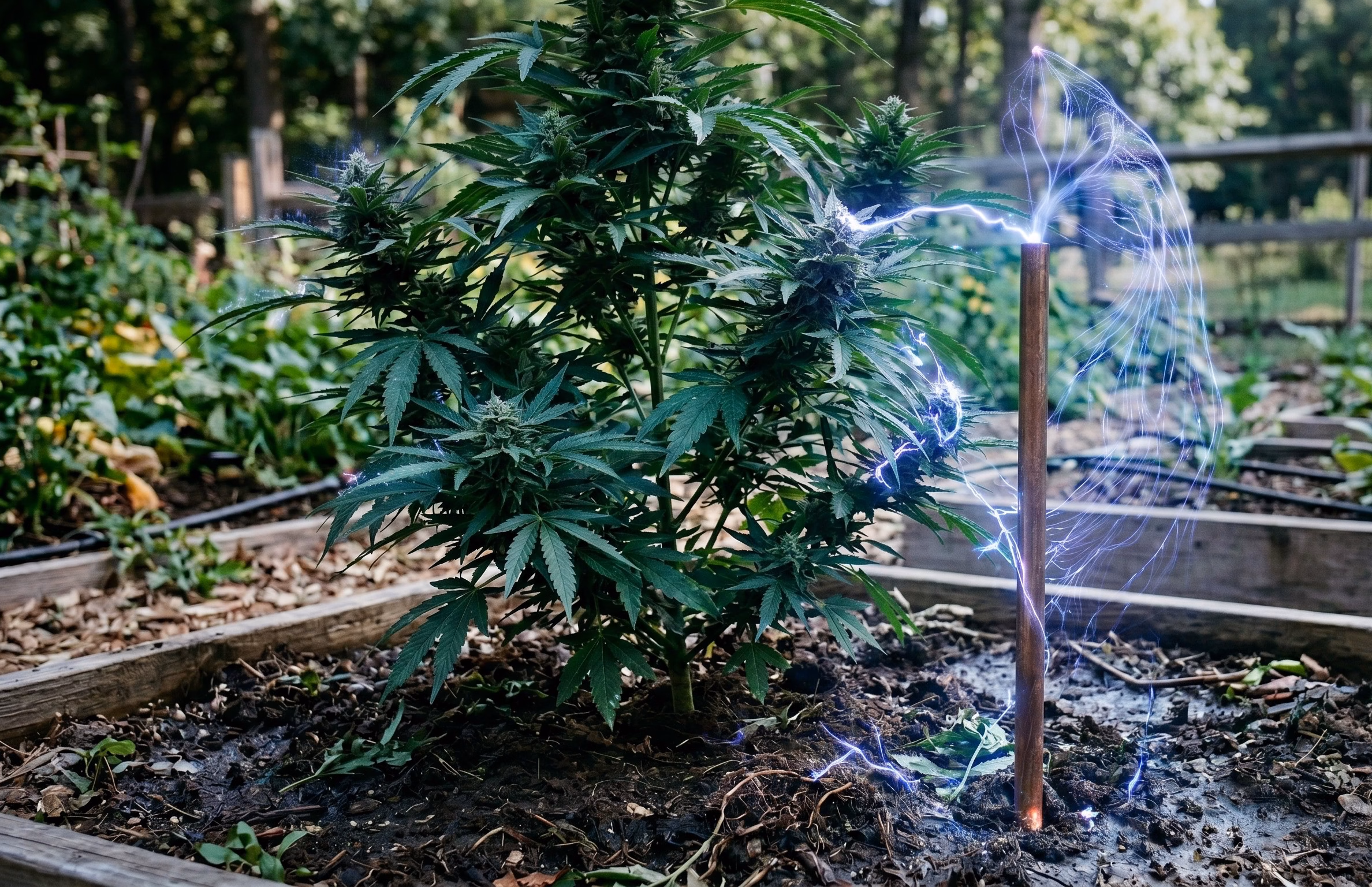 electroculture cannabis​, A copper stick with electric near the flowering stage cannabis at outdoor growing