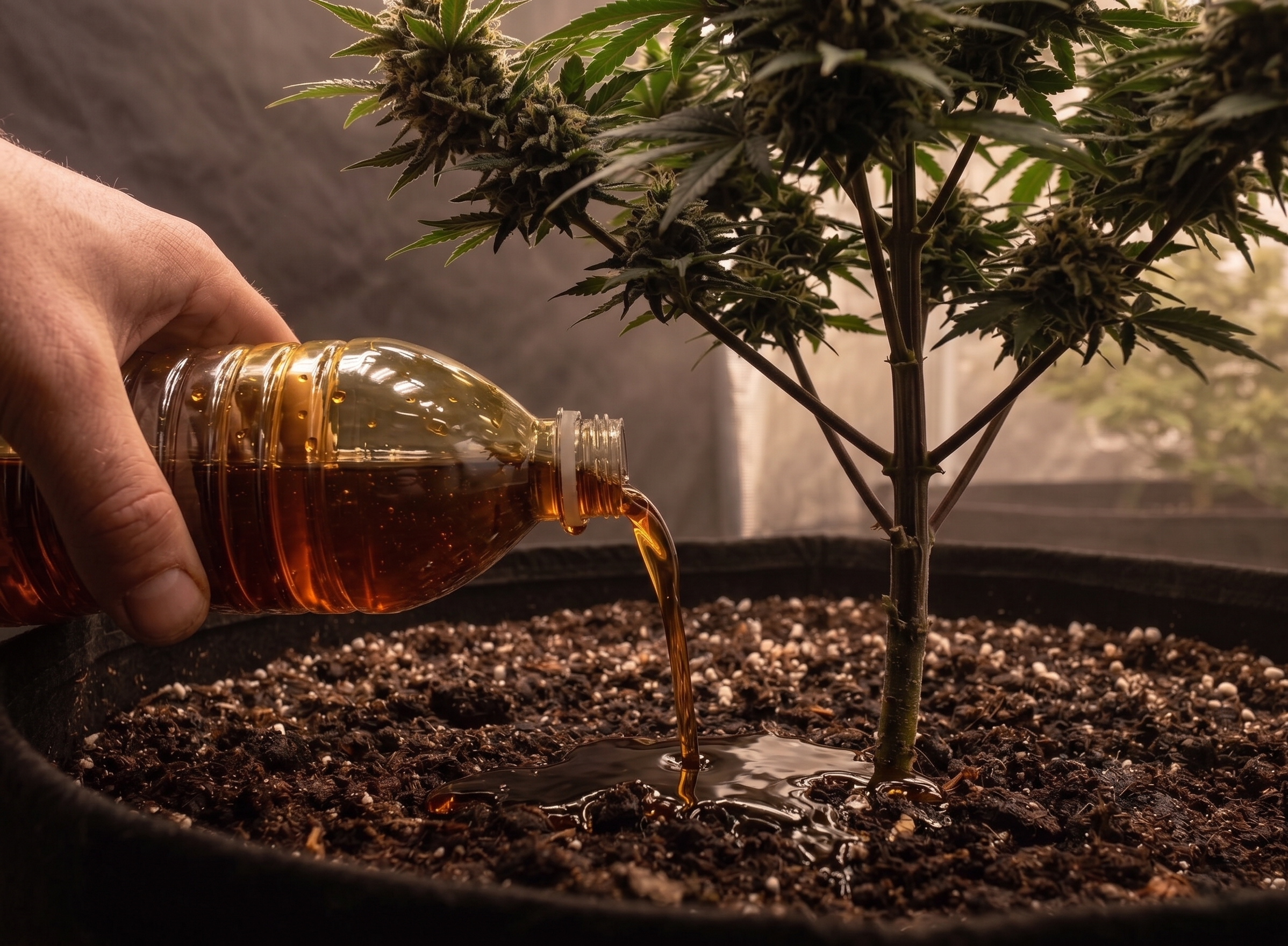 water mixed molasses pouring to cannabis plants soil with bottle.