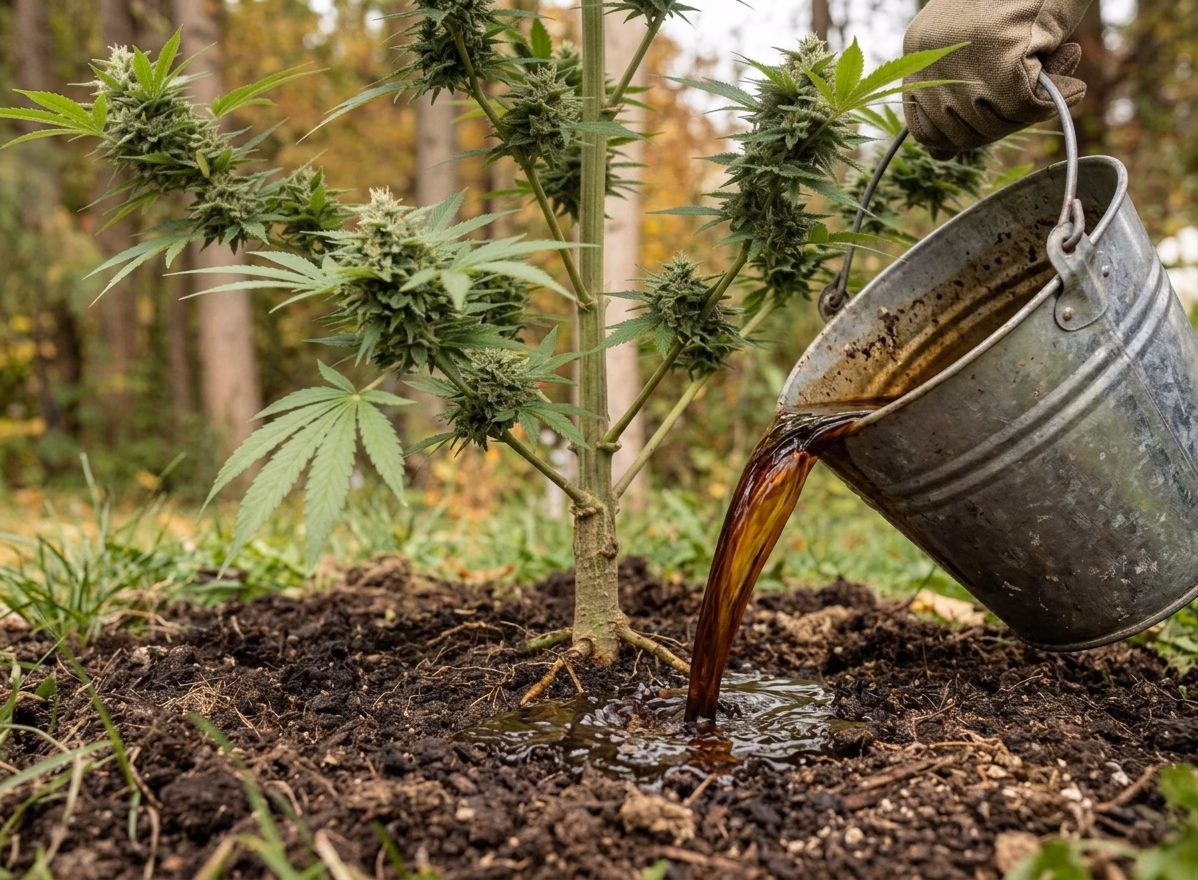 cannabis_molasses_2 water mixed molasses pouring to cannabis plants soil.