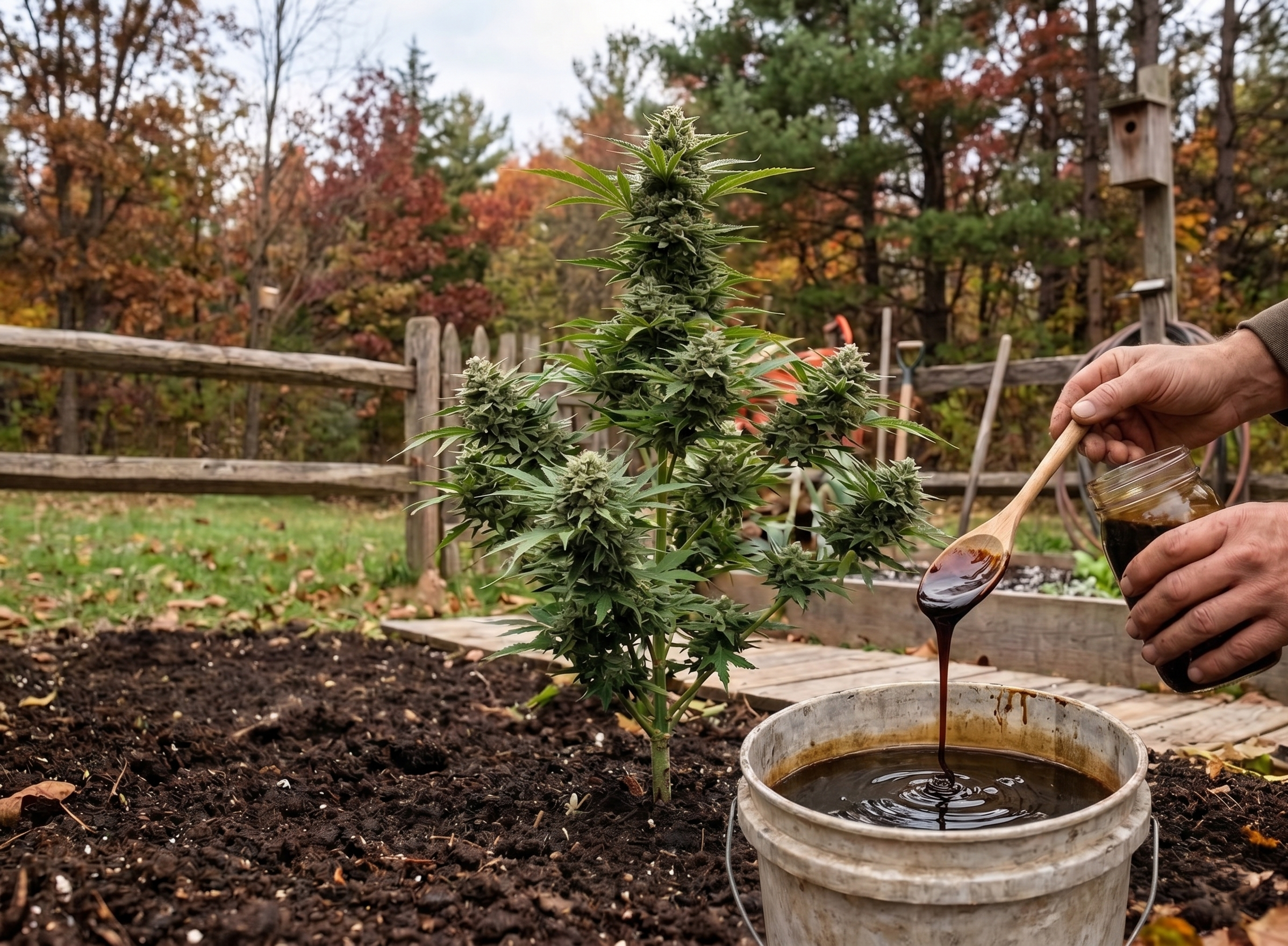 cannabis_molasses_3 water mixing with molasses front of cannabis plant.