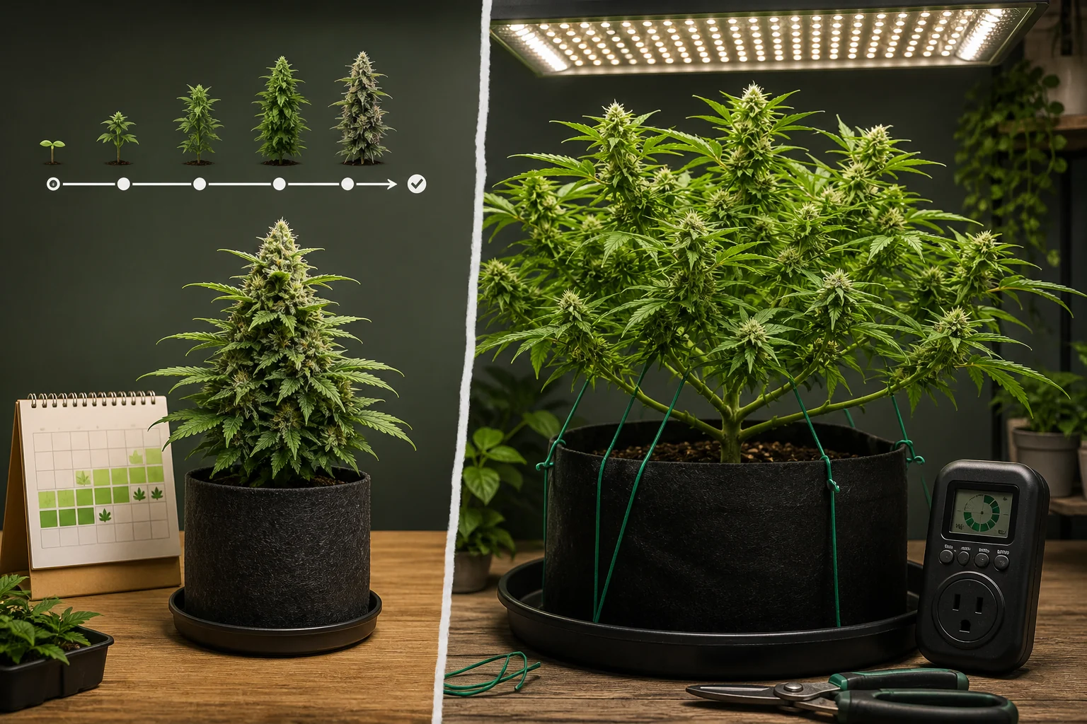 Autoflower and photoperiod cannabis plants illustrating different control and recovery margins