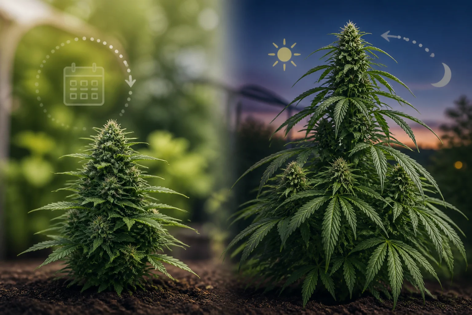 Compact autoflower and larger photoperiod cannabis plants shown side by side