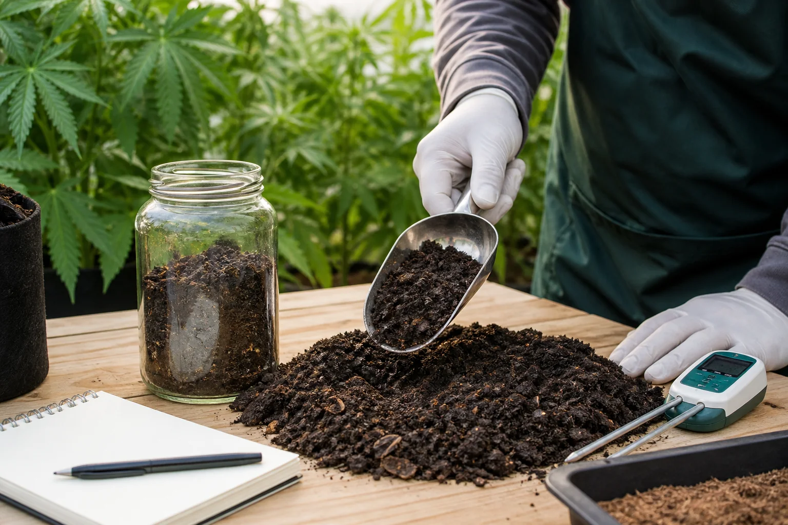 Gardener collecting composted manure for EC and laboratory testing