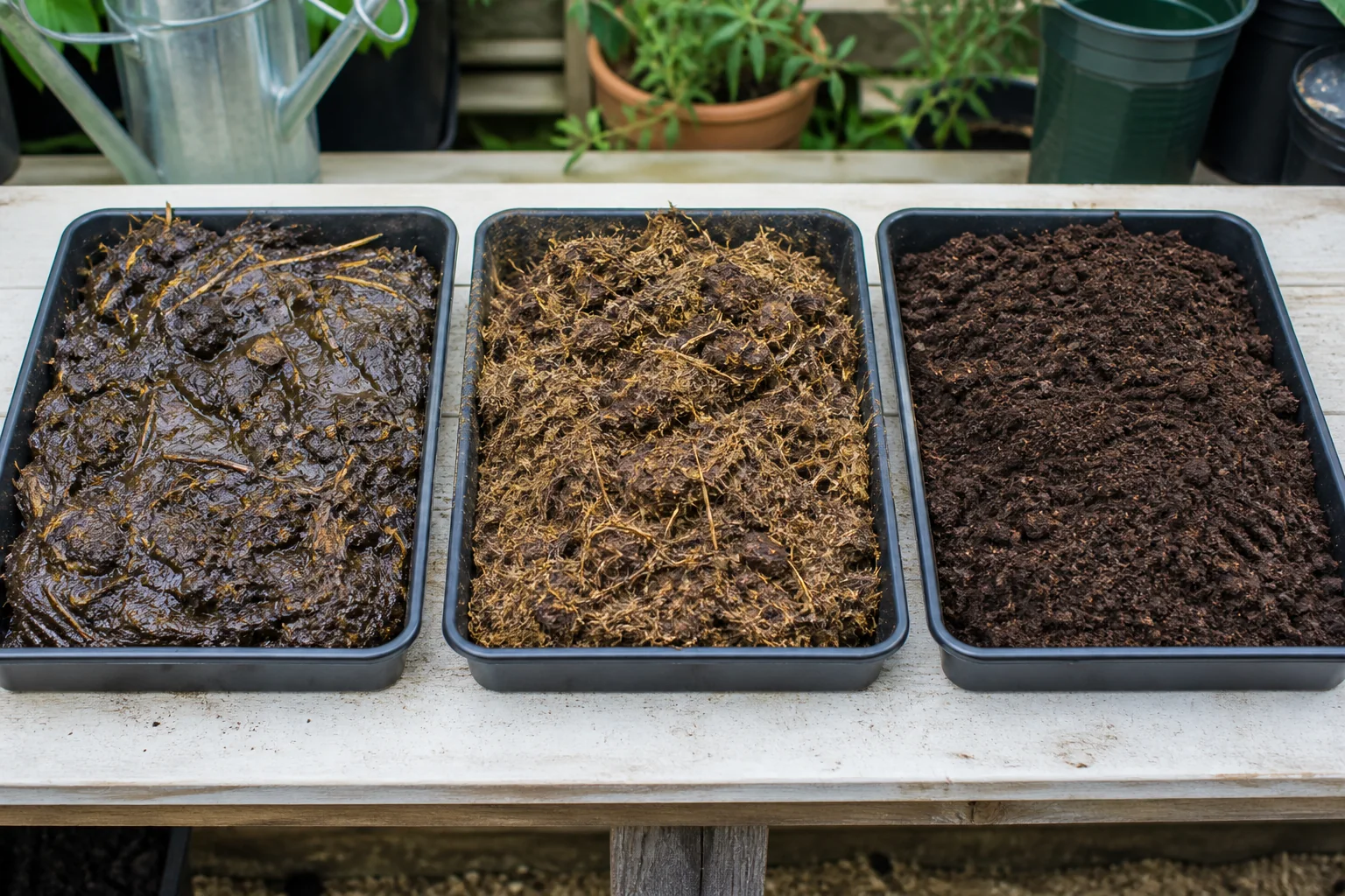 Fresh, aged, and mature composted manure shown side by side