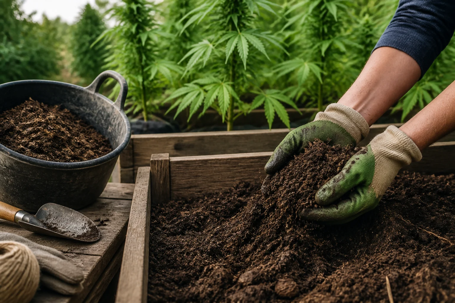 Gloved hands mixing mature composted manure into cannabis soil in an outdoor garden