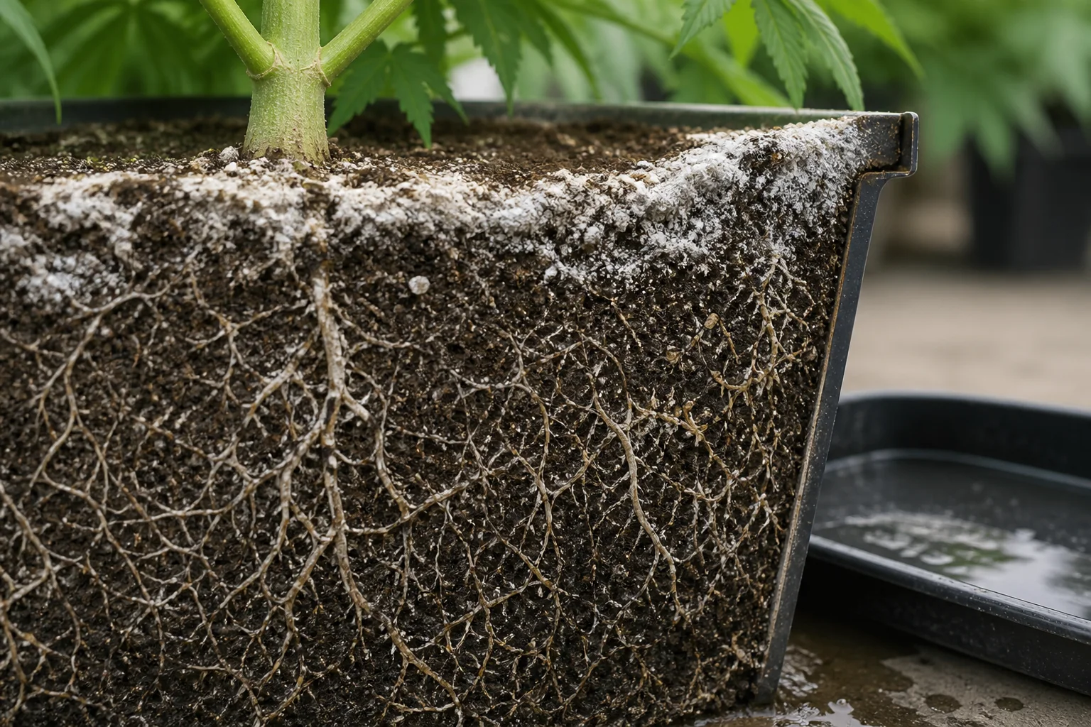 White mineral salt buildup around cannabis roots in a container
