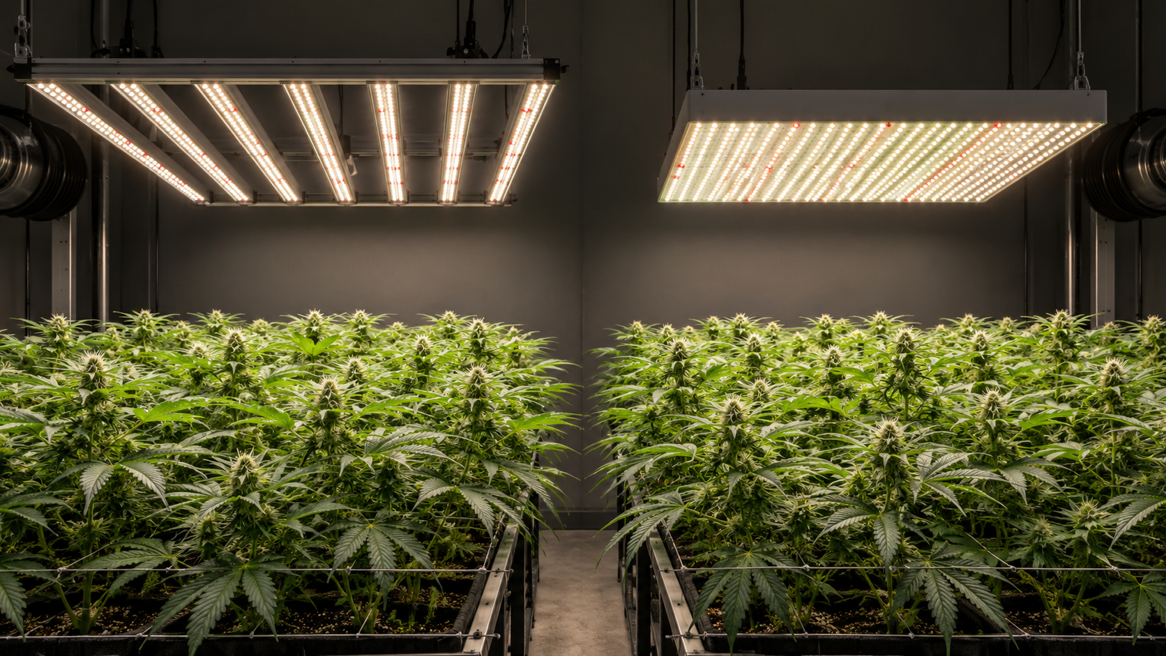 Bar LED vs quantum board featured image Bar-style LED and quantum-board-style LED fixtures illuminating cannabis canopies