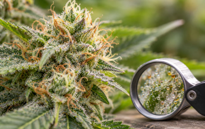 Cannabis flower trichomes inspected with a jeweler's loupe