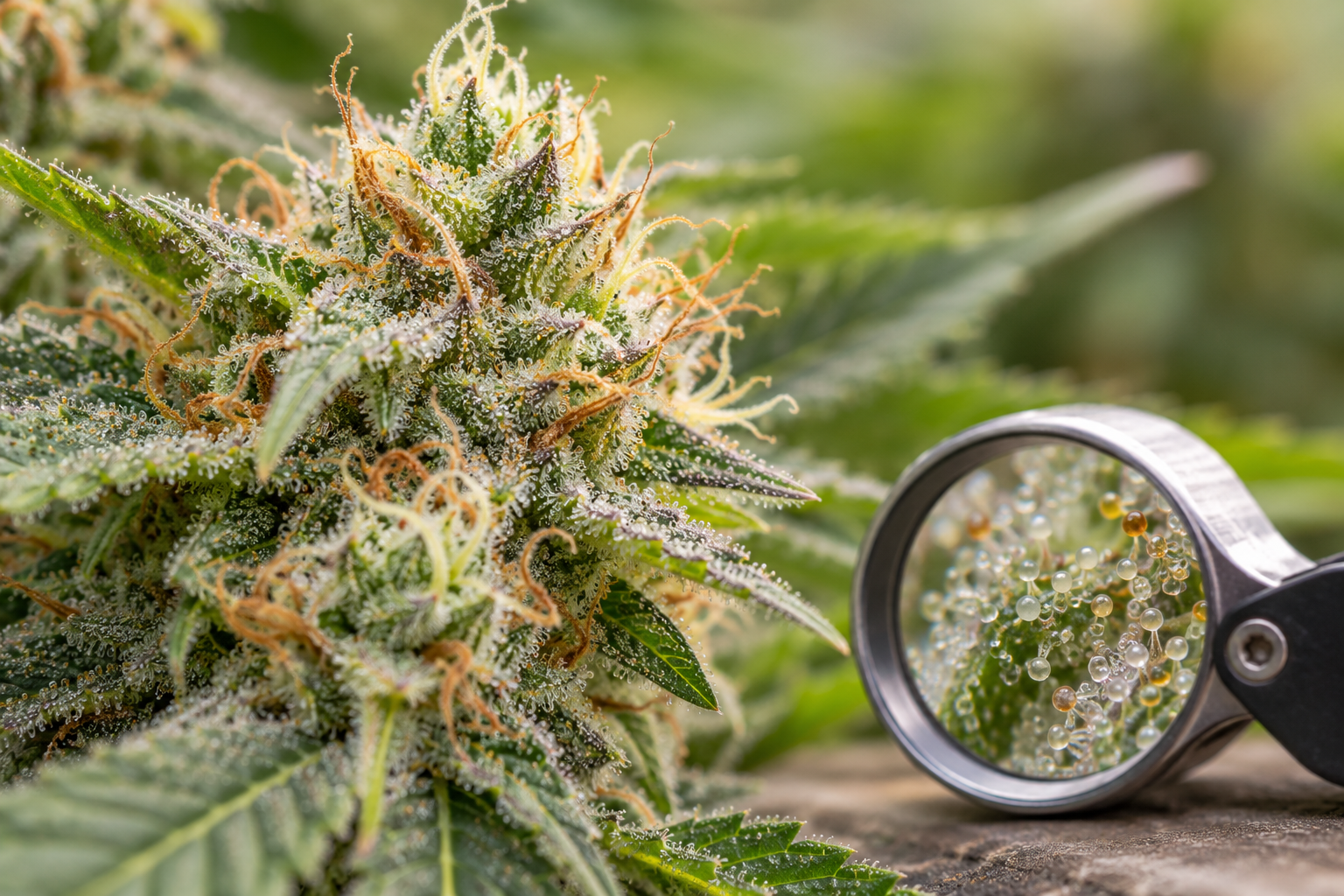 Cannabis flower trichomes inspected with a jeweler's loupe
