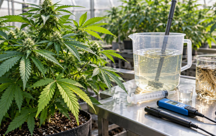 Cannabis plant beside nutrient solution and root-zone measurement tools