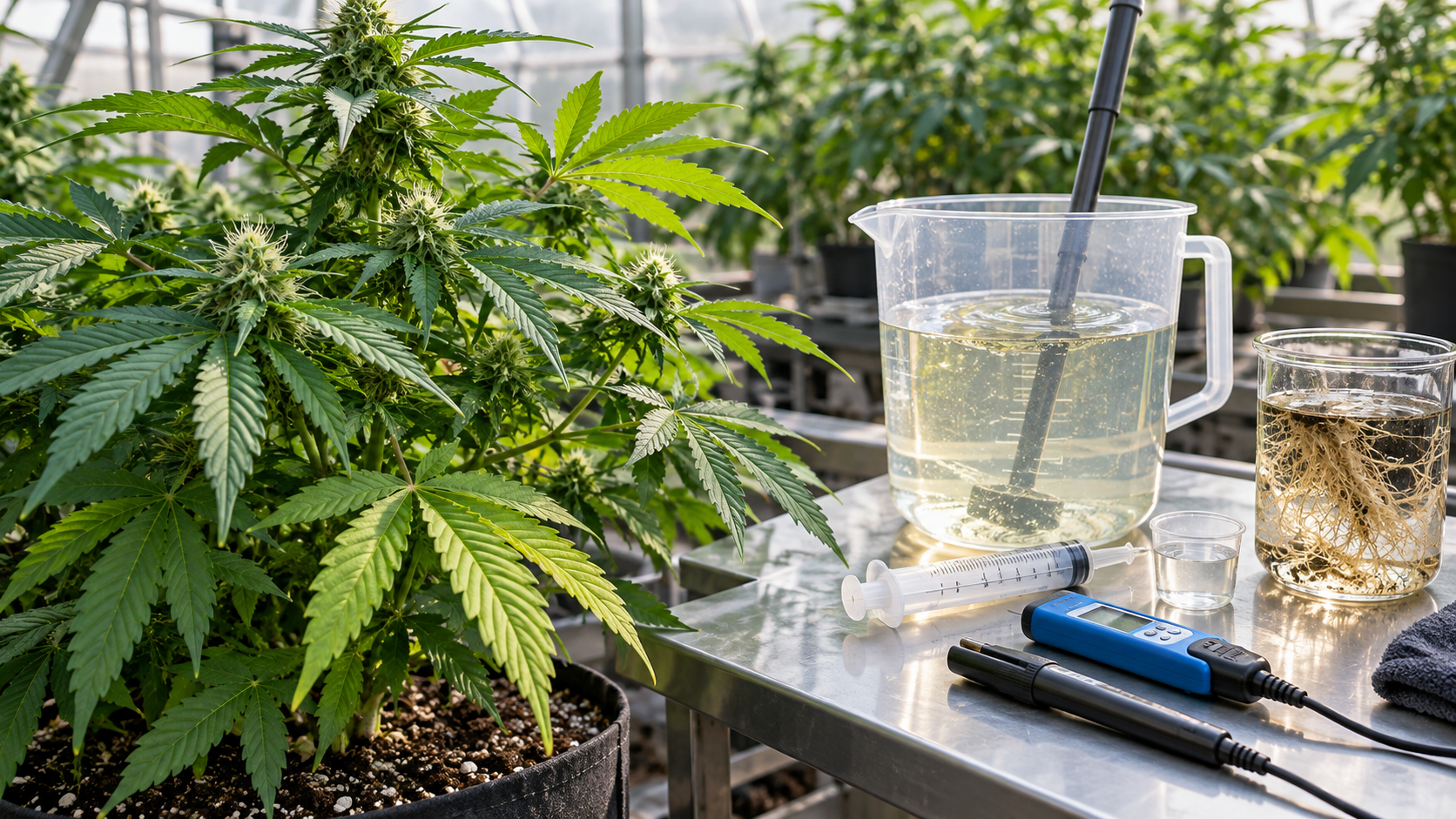 Cannabis plant beside nutrient solution and root-zone measurement tools