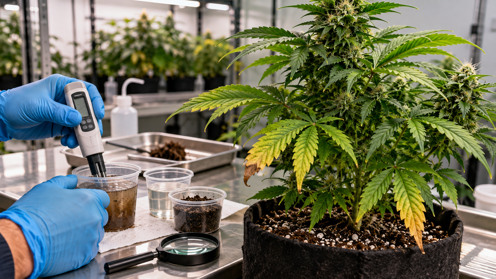Cannabis Nutrient and Root-Zone Diagnosis Cannabis plant undergoing nutrient and root-zone diagnosis with pH and EC testing