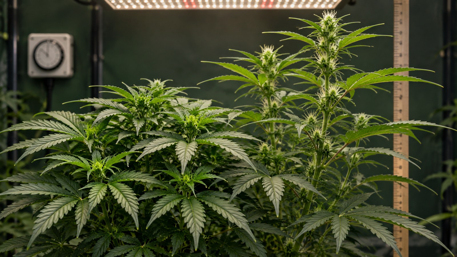 Female cannabis plant transitioning from compact vegetative growth to early flowering stretch under indoor grow lights