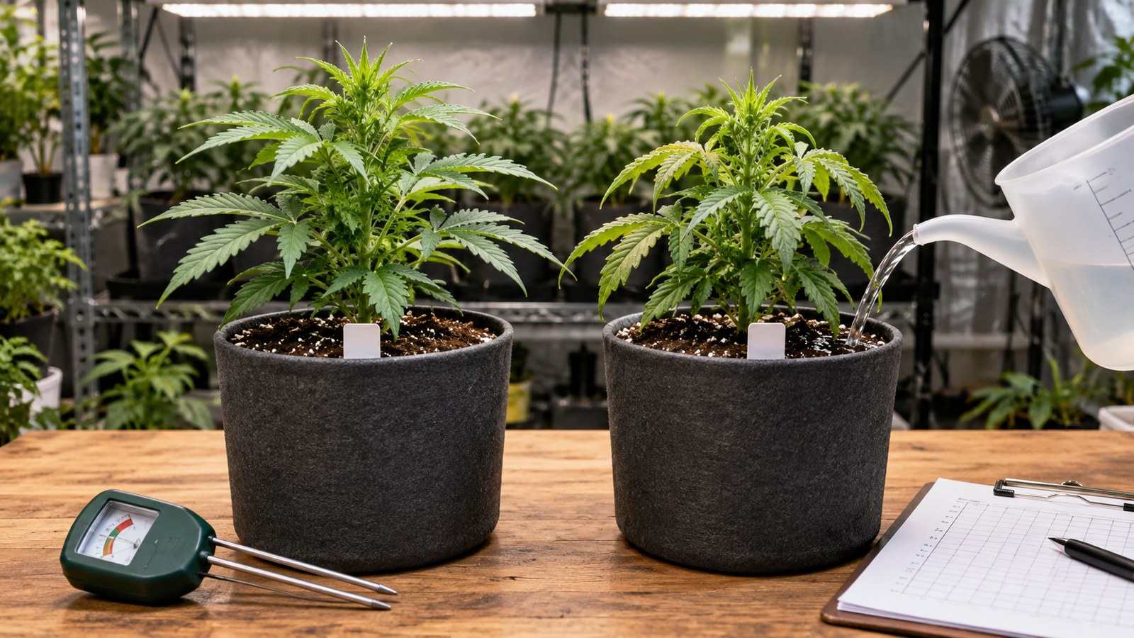 Two matched cannabis plants used to test one grow variable with measured irrigation and recorded observations