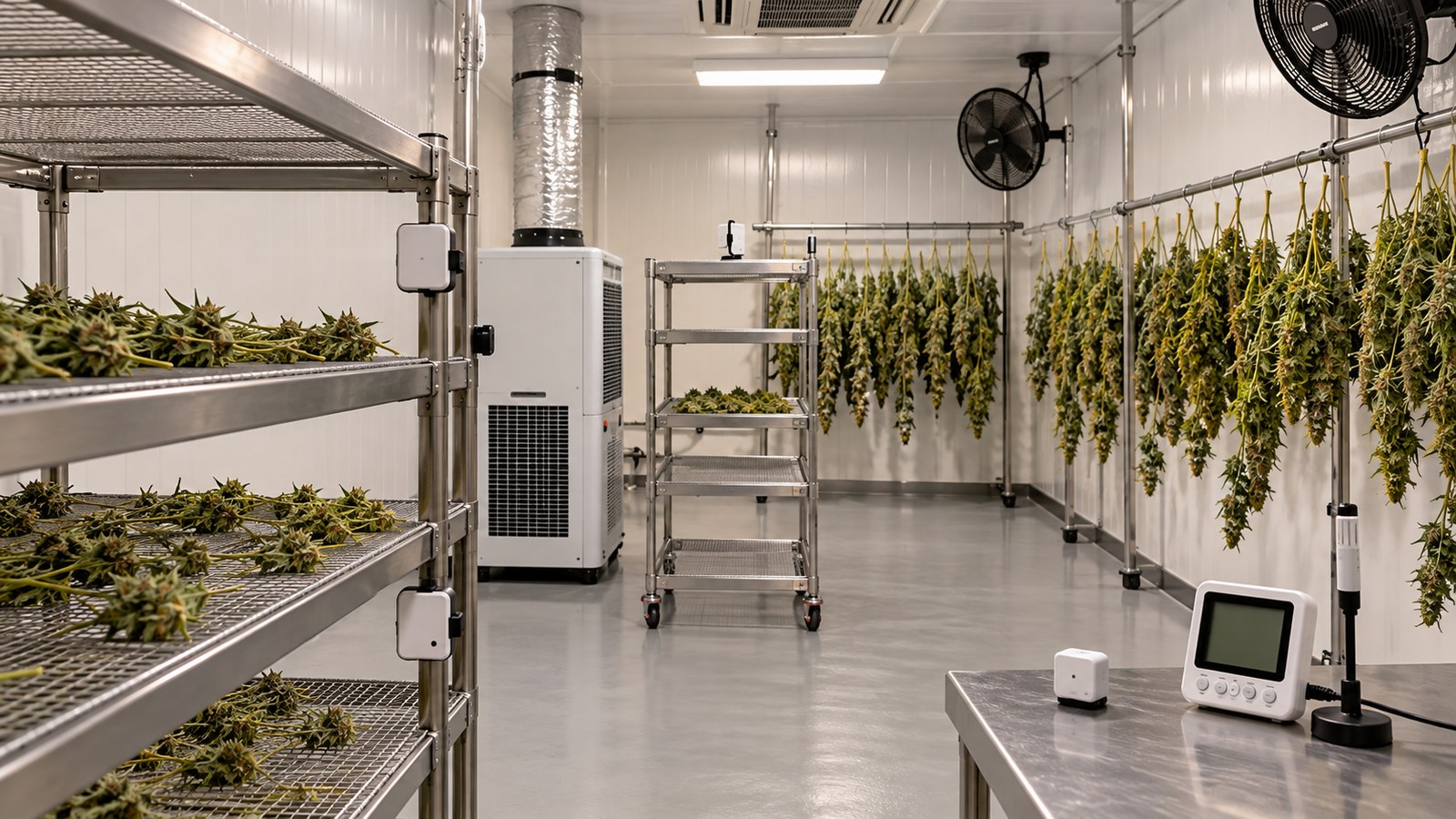 Cannabis drying room with environmental sensors and climate-control equipment during commissioning