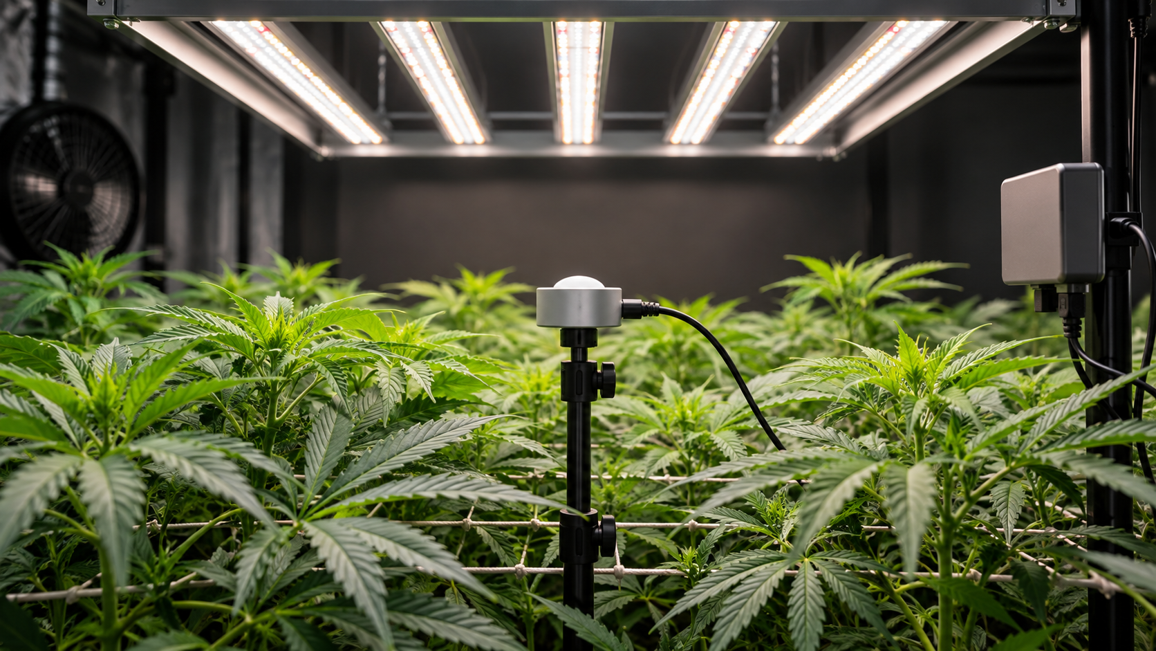 dli-for-cannabis-featured Cannabis canopy under LED grow lights with a PAR sensor measuring PPFD for DLI calculation