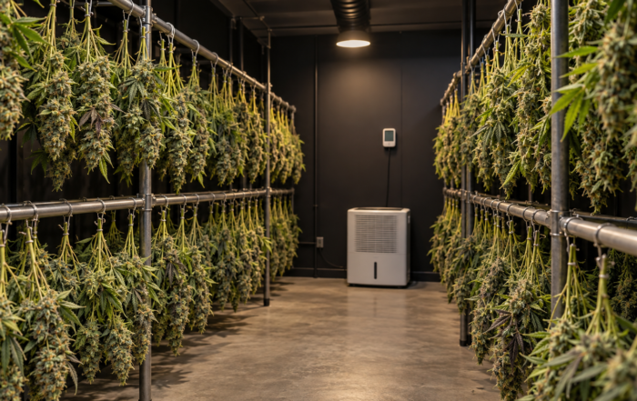 Cannabis branches spaced on drying racks with climate-control equipment