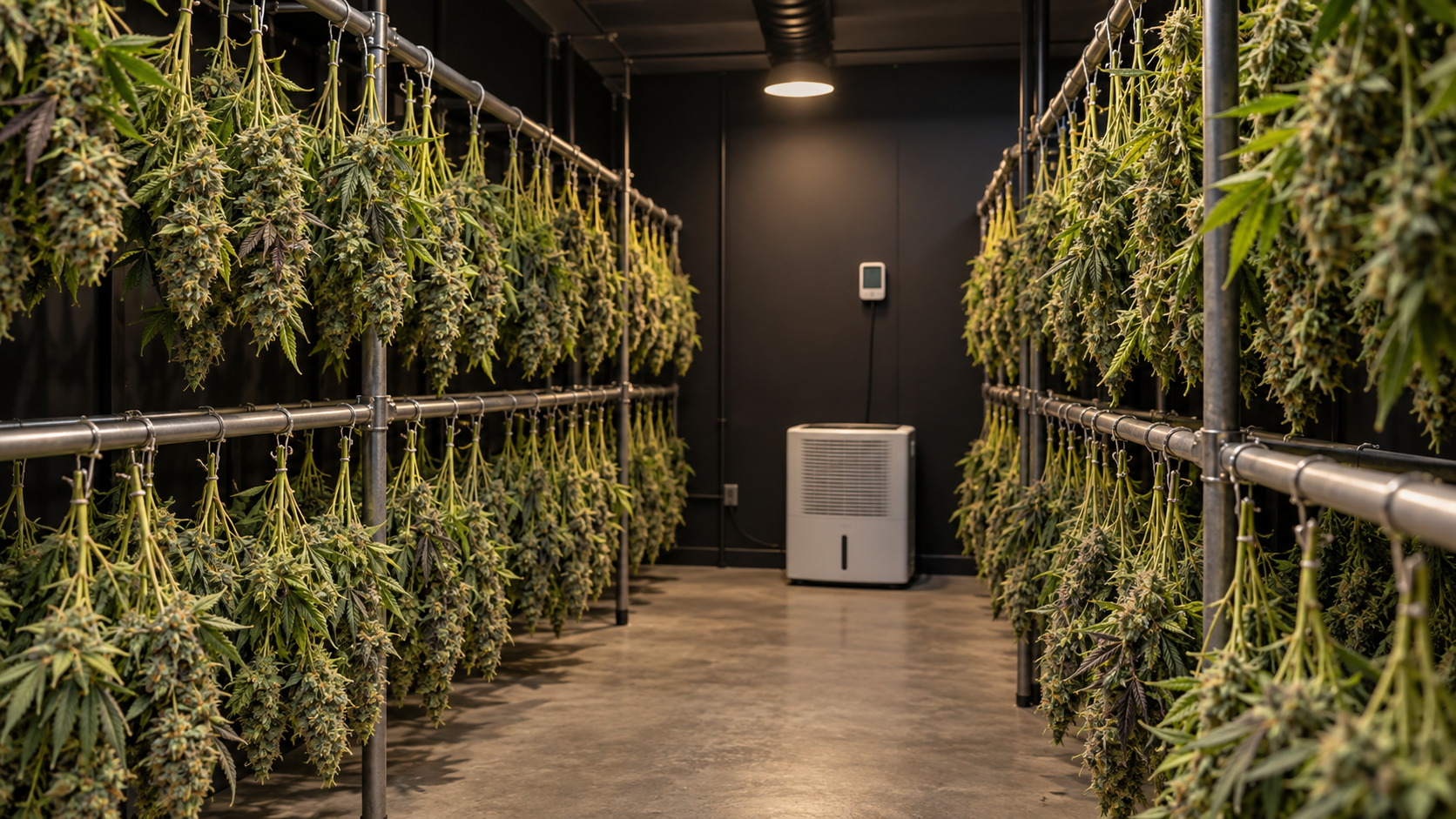 Cannabis branches spaced on drying racks with climate-control equipment