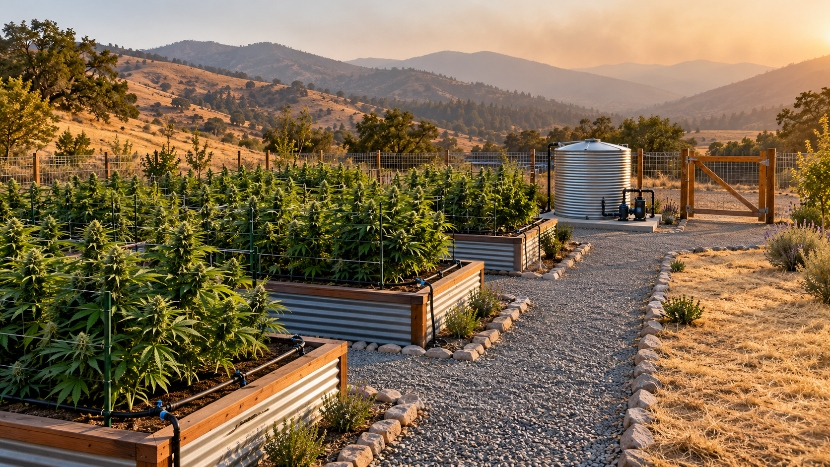 Fire-safer outdoor cannabis garden with gravel paths, maintained perimeter and water tank