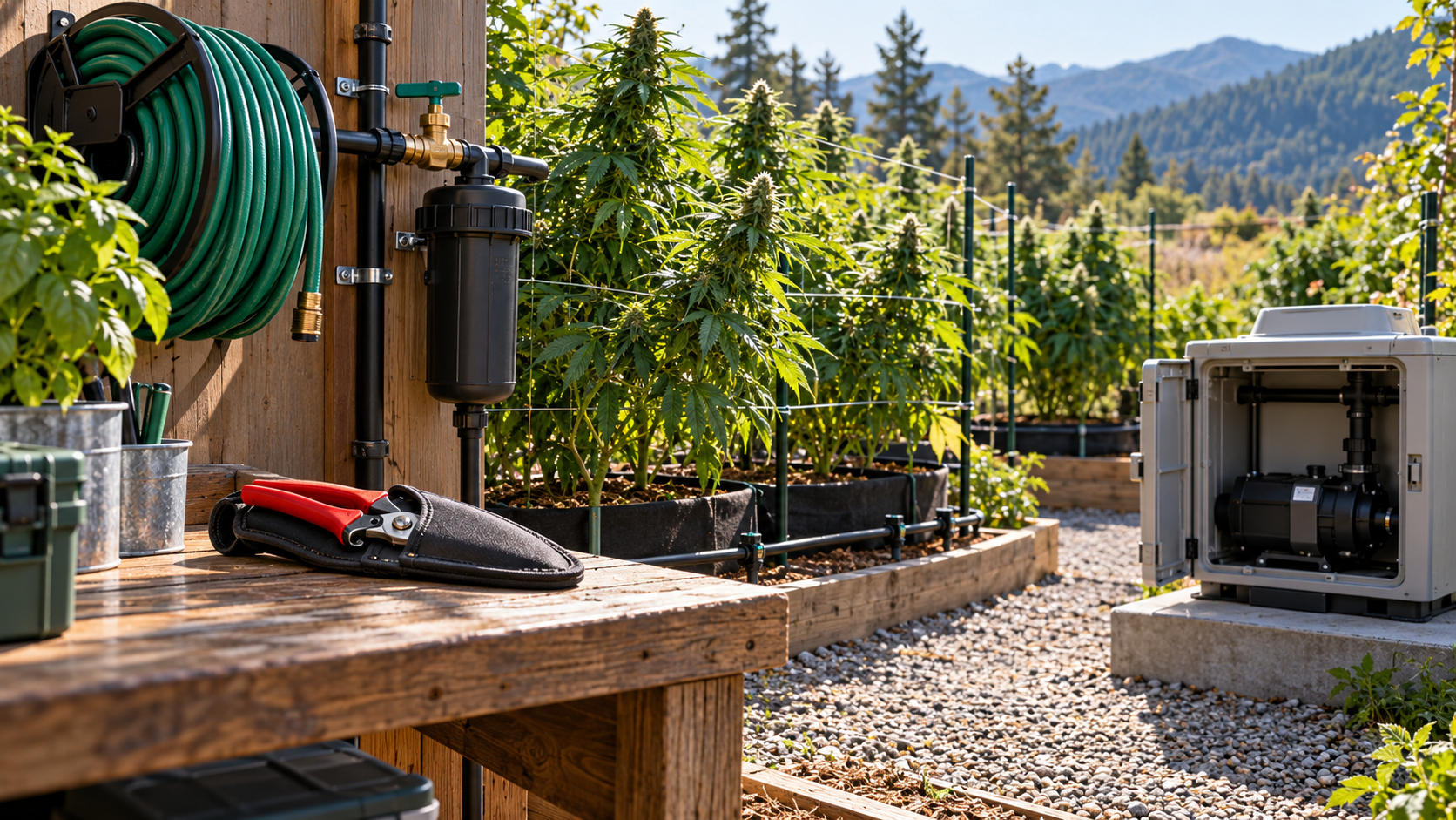 Garden Tool and Irrigation Safety for Outdoor Cannabis Outdoor cannabis garden with a secured irrigation hose, filter, closed pruning shears and protected pump enclosure