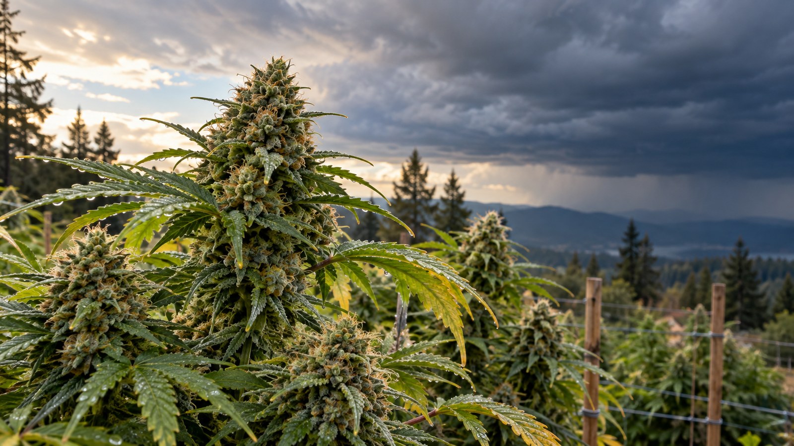 Mature outdoor cannabis flowers facing an approaching rainstorm before harvest